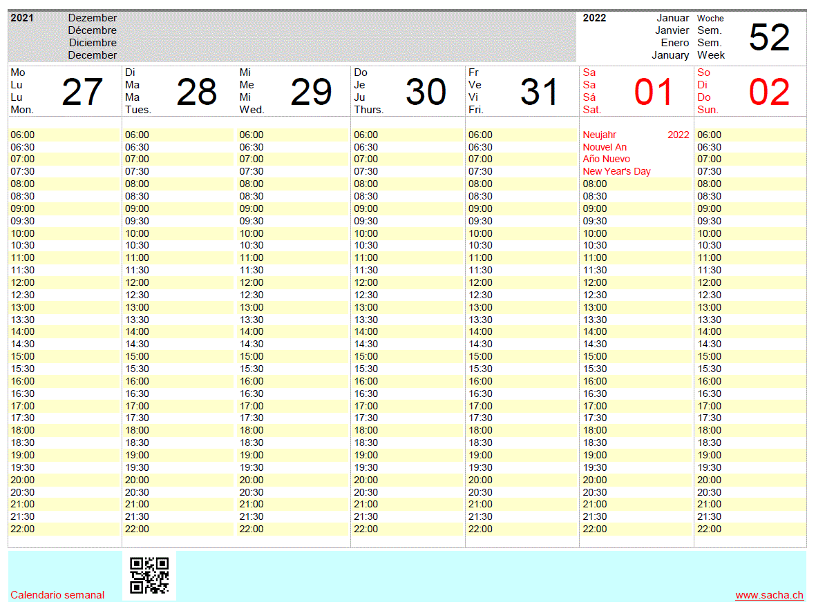 Calendario 2022 semanal