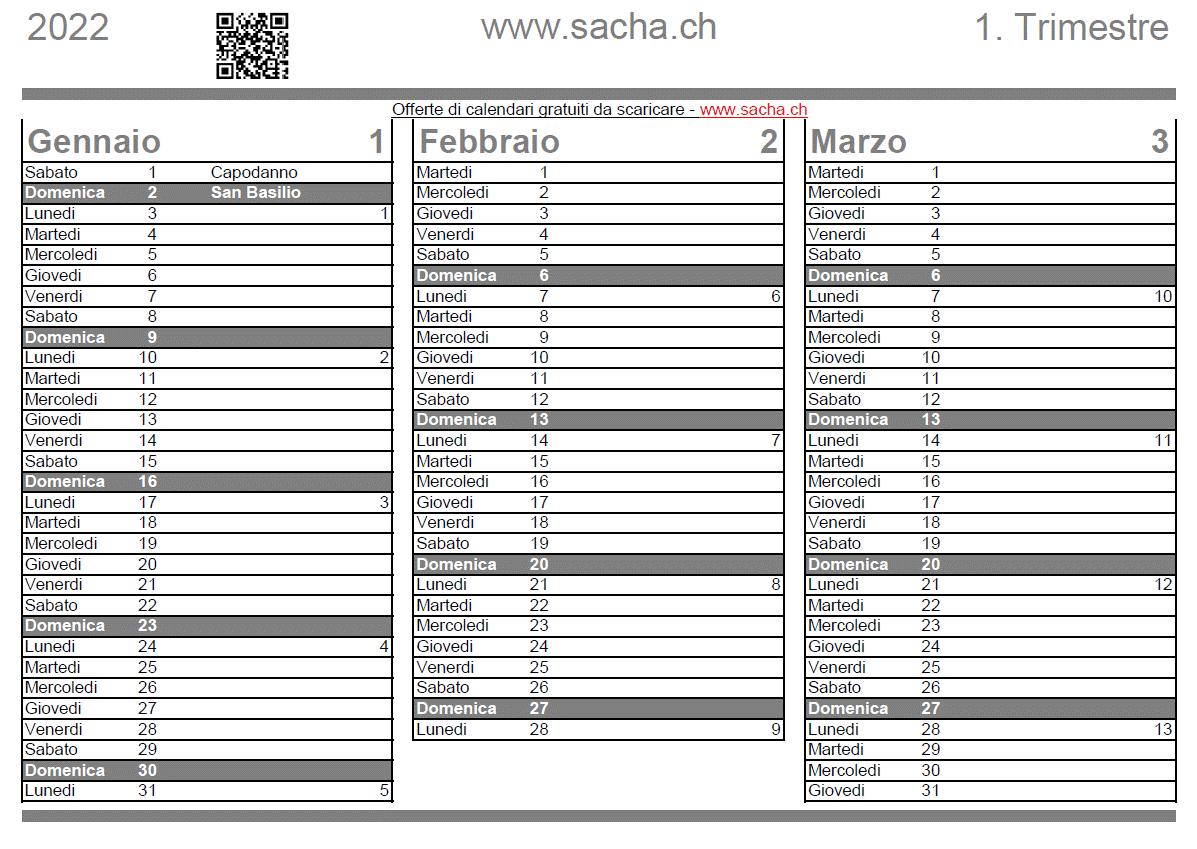 Calendario trimestrale 2022, per la stampa, gratuiti