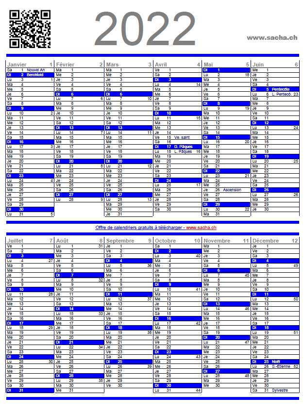 Calendrier annuel 2022, à imprimer, gratuit