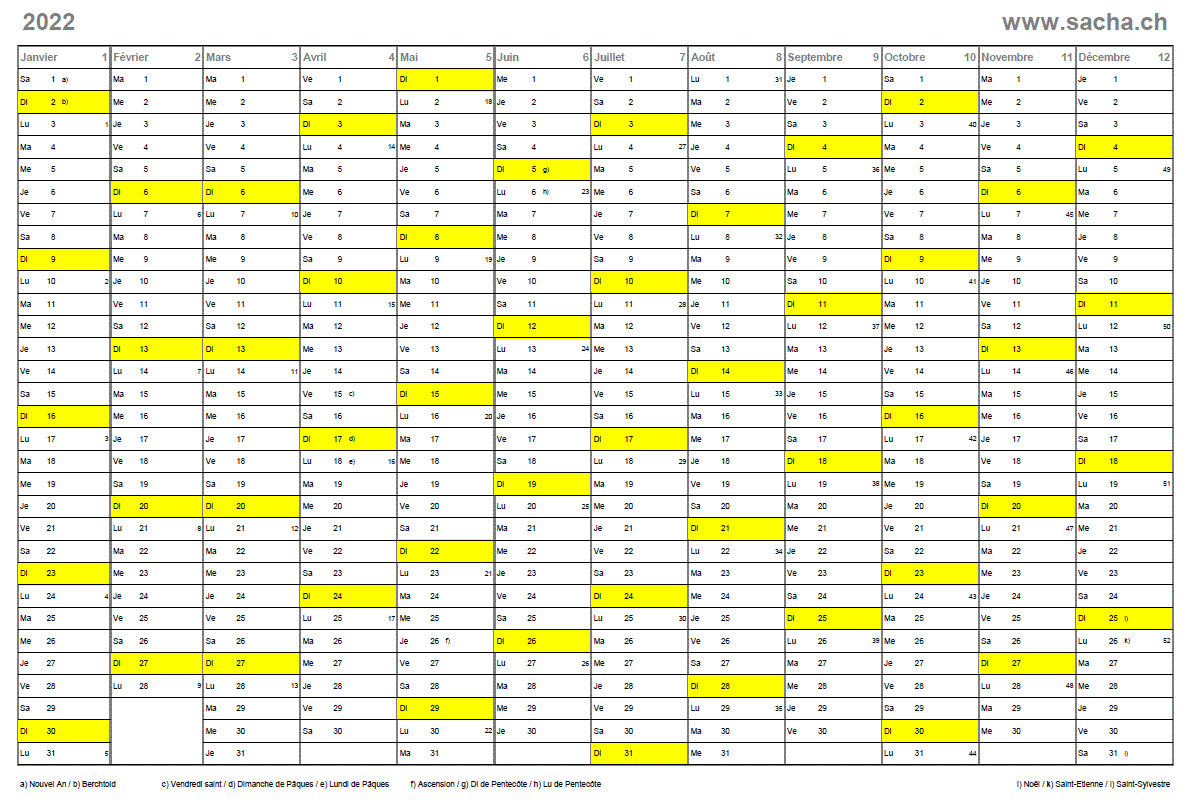 Calendrier annuel 2022, à imprimer, gratuit