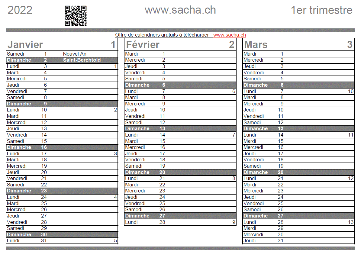 Calendrier trimestriel 2022, à imprimer, gratuit