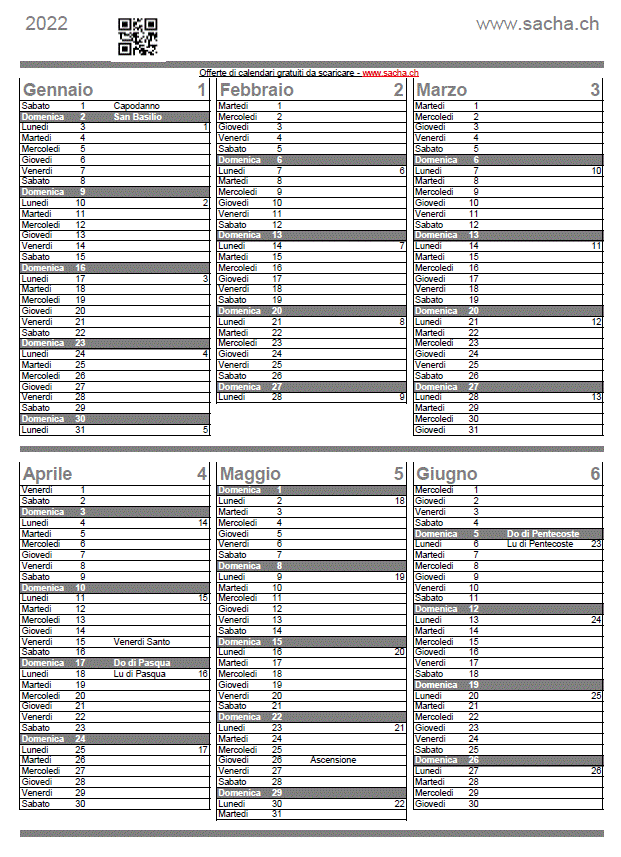 Calendario semestre 2022, per la stampa, gratuiti