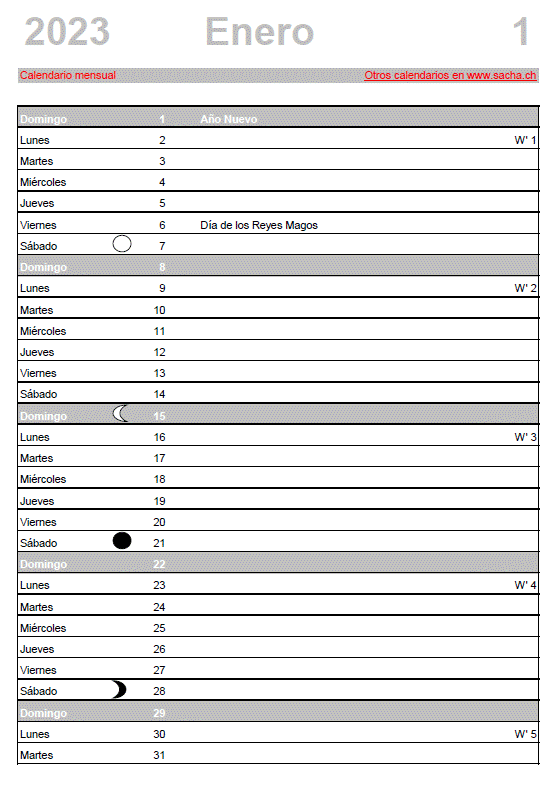 Calendario mensual 2023