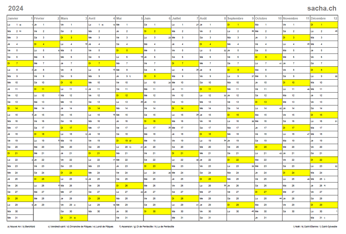 Calendrier du 1er semestre 2024 à imprimer