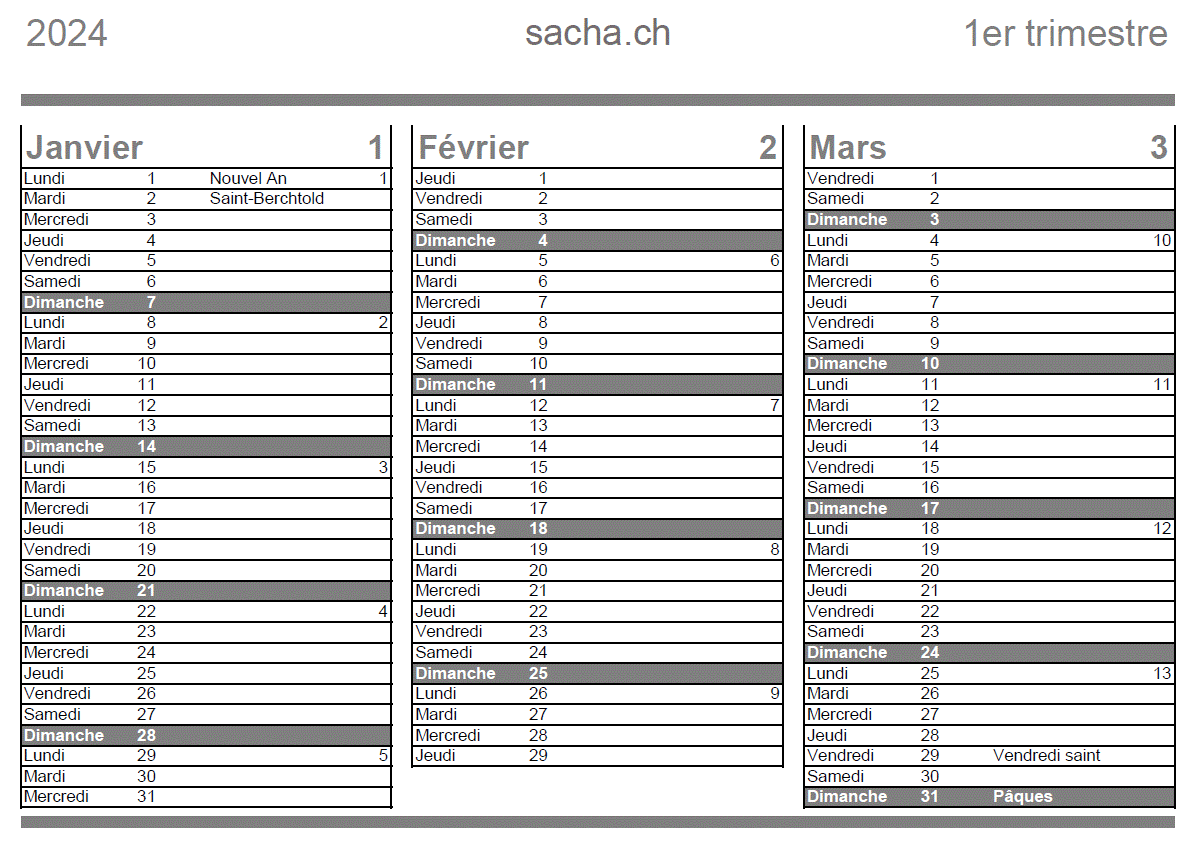 Calendrier trimestriel 2024