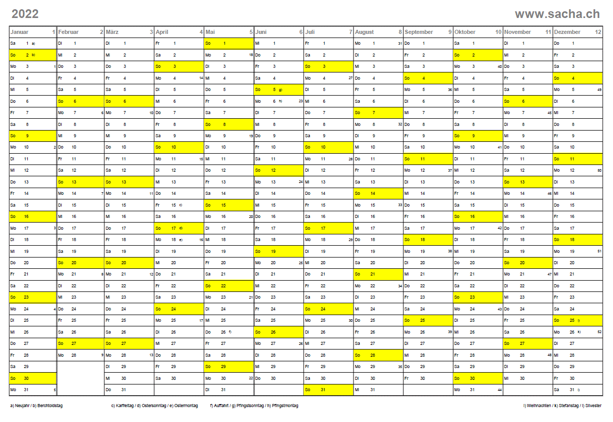 Jahreskalender 2022, quer, gratis, zum Ausdrucken