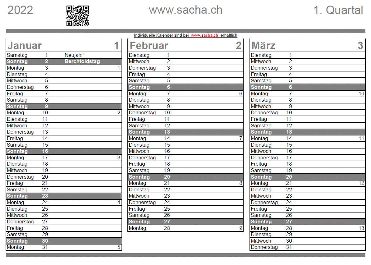 Quartalskalender 2022, quer, gratis, zum Ausdrucken